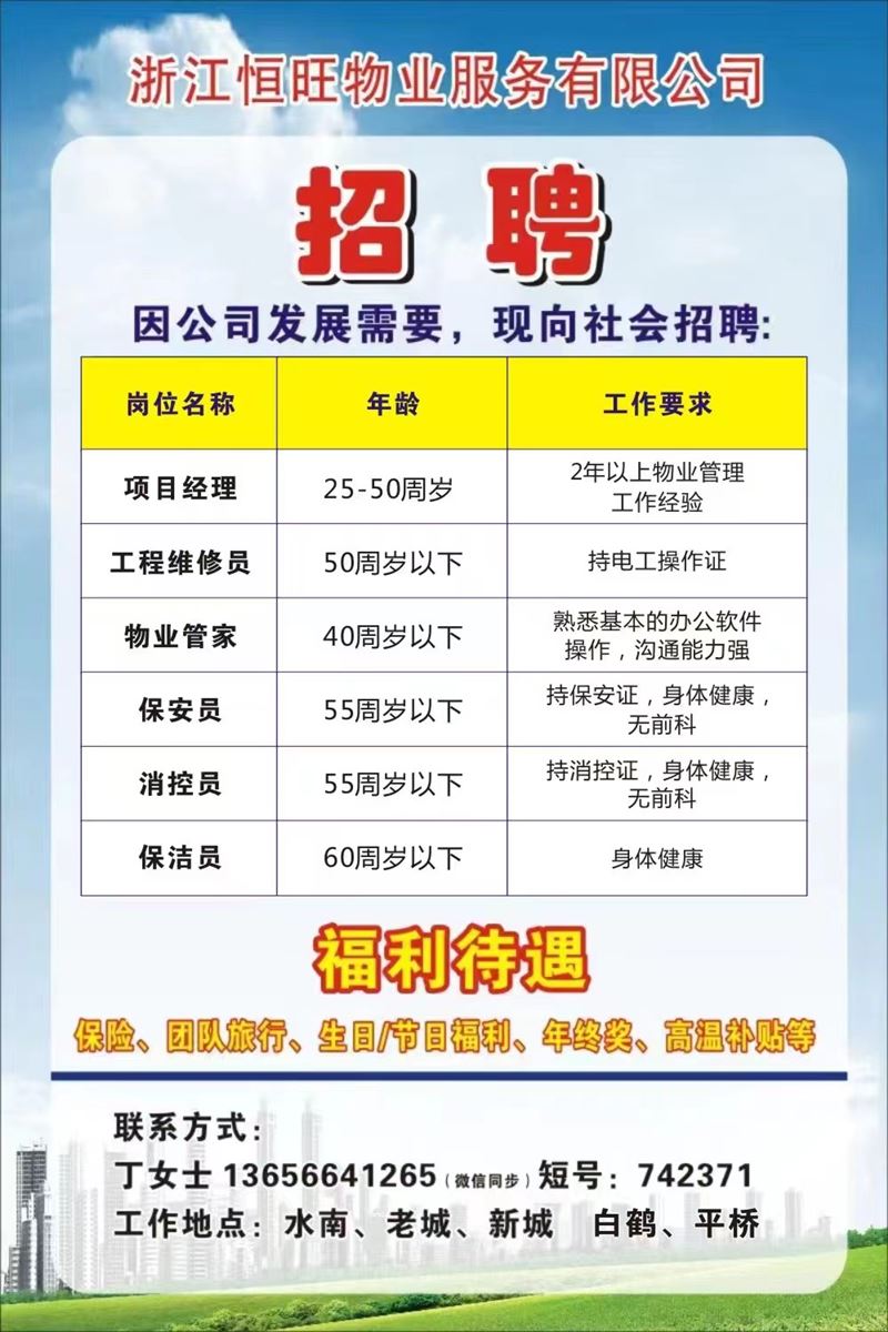 招聘物业管家、保安队长、保安员、消控员、保洁员、氯化汞